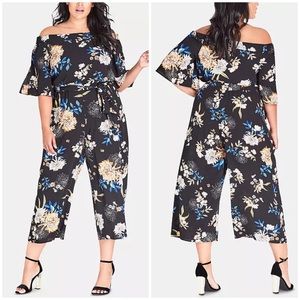 City Chic Azalea Floral Jumpsuit Off the Shoulder Size 16 Black Floral Plus Size